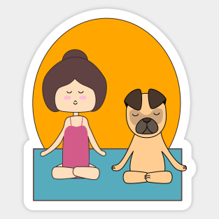 Yoga girl meditating with her pug in the sunrise Sticker